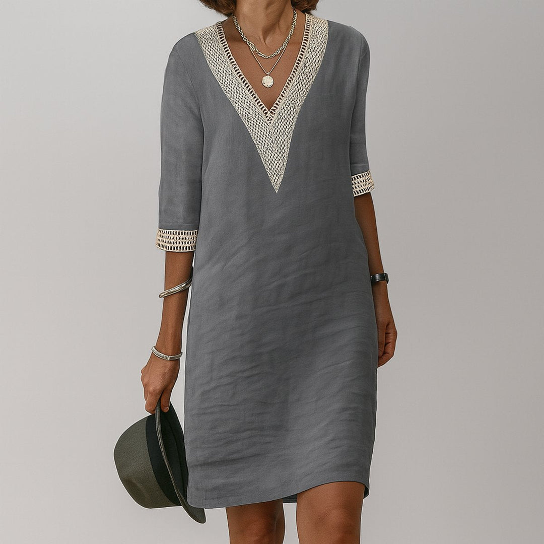 Relaxed-Fit V-Neck Crochet-Trim Midi Dress