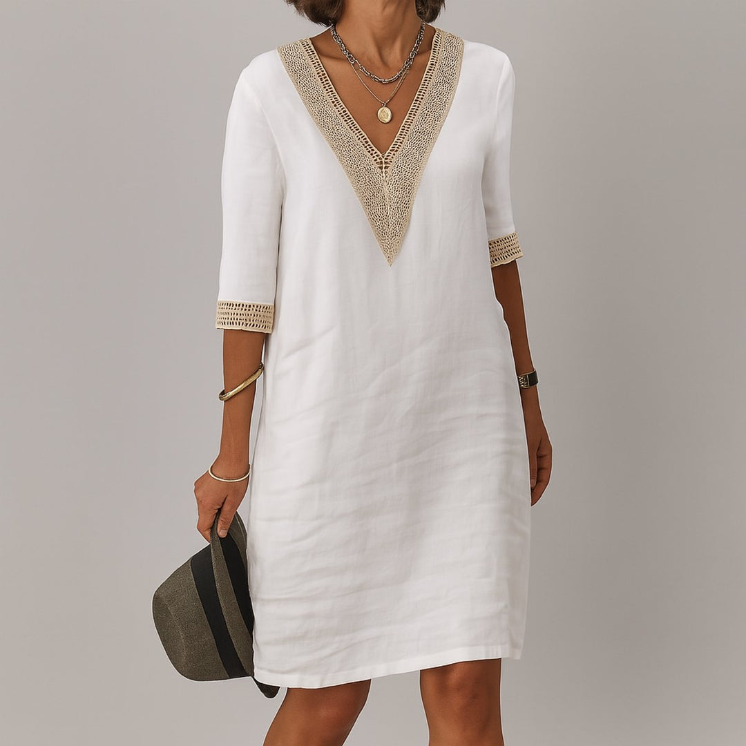 Relaxed-Fit V-Neck Crochet-Trim Midi Dress