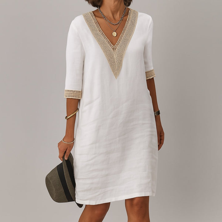 Relaxed-Fit V-Neck Crochet-Trim Midi Dress