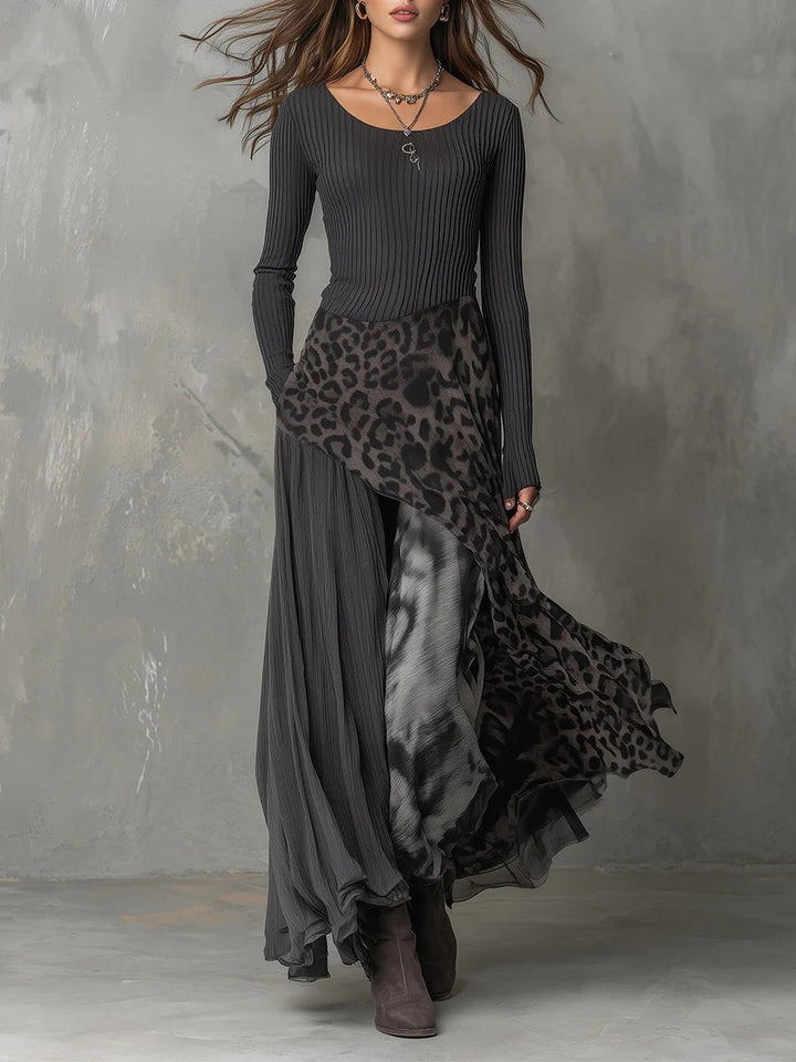 Leopard Print Ribbed Knit Maxi Dress