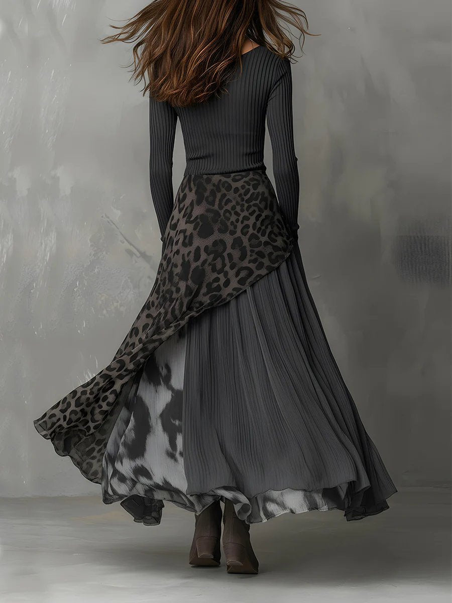 Leopard Print Ribbed Knit Maxi Dress