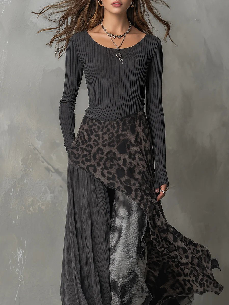 Leopard Print Ribbed Knit Maxi Dress