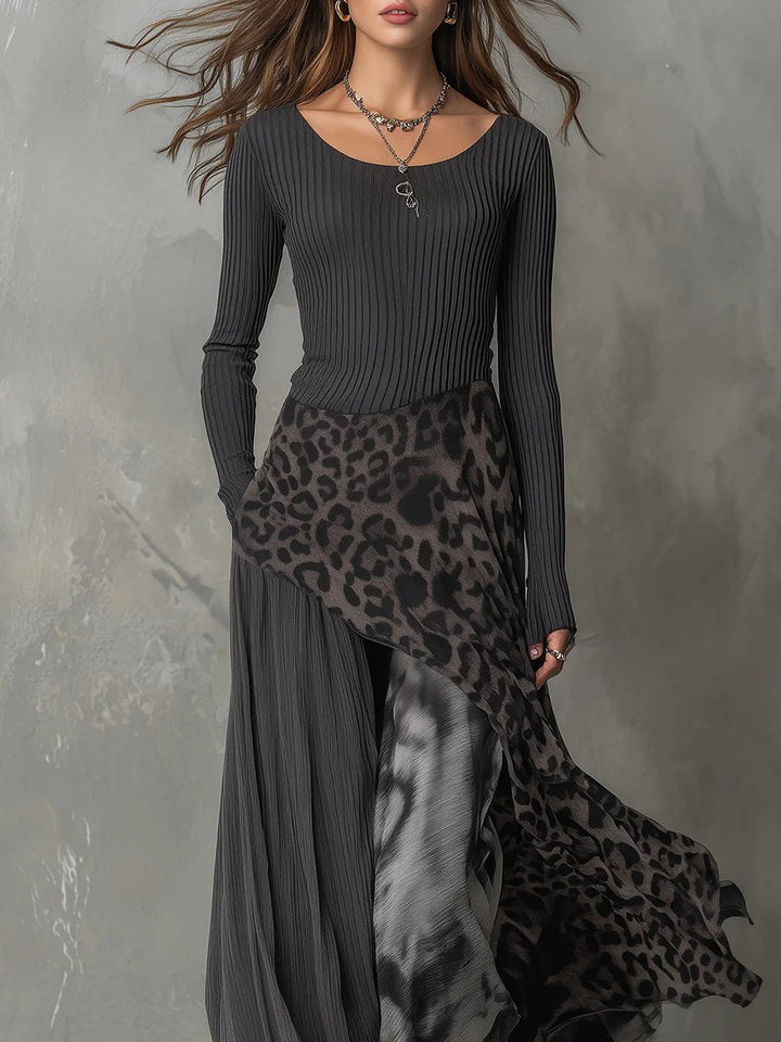 Leopard Print Ribbed Knit Maxi Dress