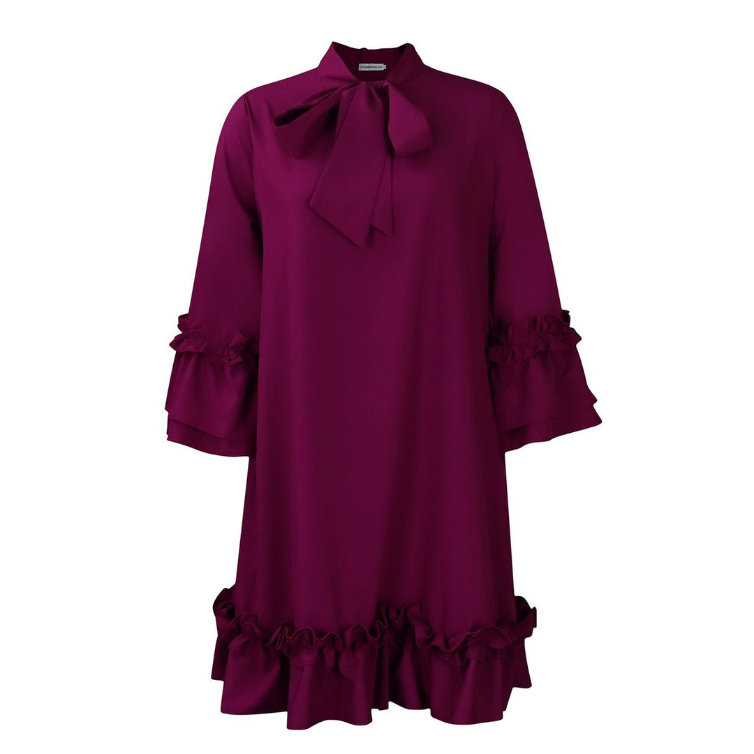 Ruffle-Hem Bow-Neck Mini Tunic Dress