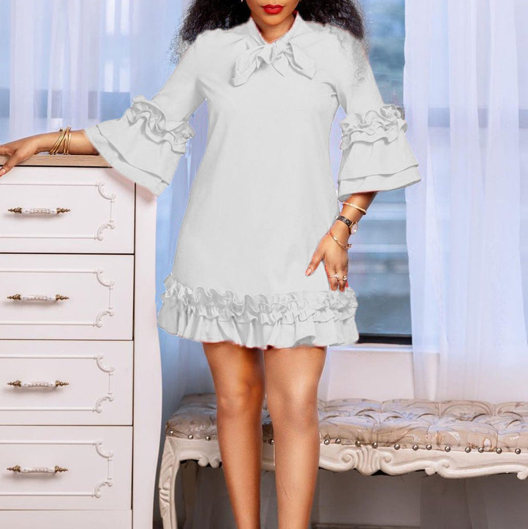 Ruffle-Hem Bow-Neck Mini Tunic Dress
