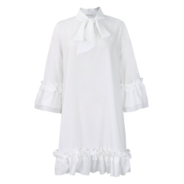 Ruffle-Hem Bow-Neck Mini Tunic Dress