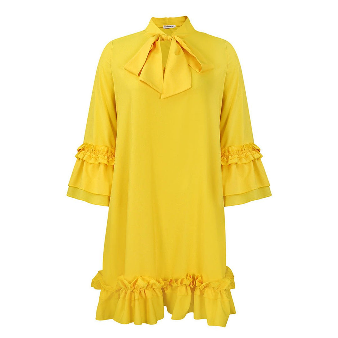 Ruffle-Hem Bow-Neck Mini Tunic Dress
