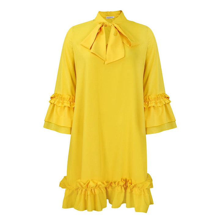 Ruffle-Hem Bow-Neck Mini Tunic Dress