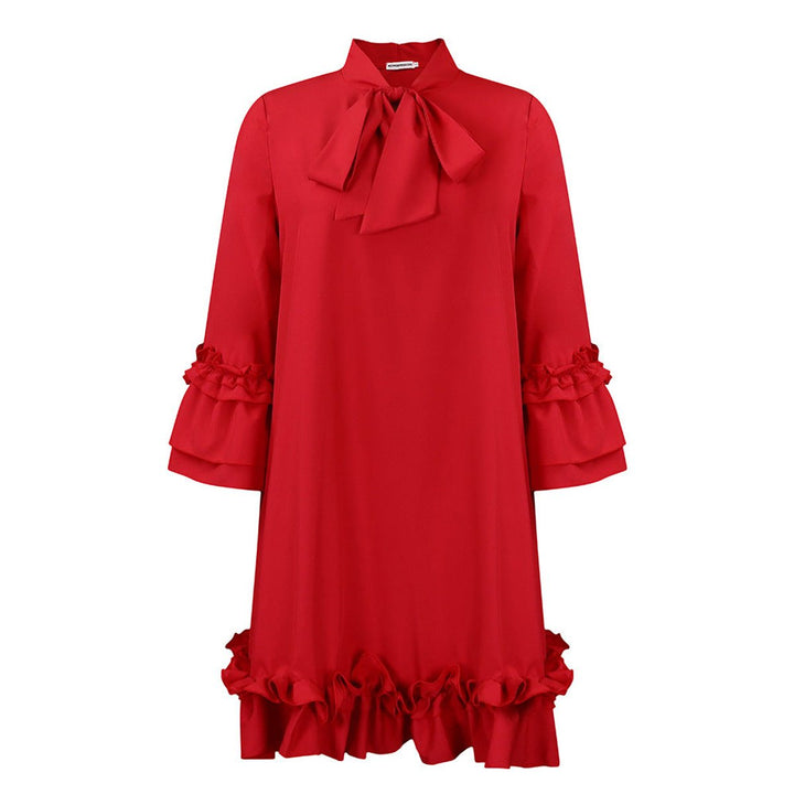 Ruffle-Hem Bow-Neck Mini Tunic Dress