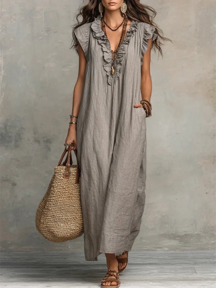 Ruffle V-Neck Linen Maxi Dress