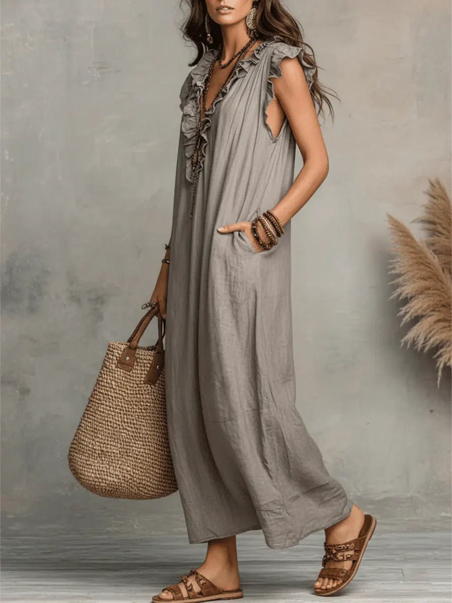 Ruffle V-Neck Linen Maxi Dress