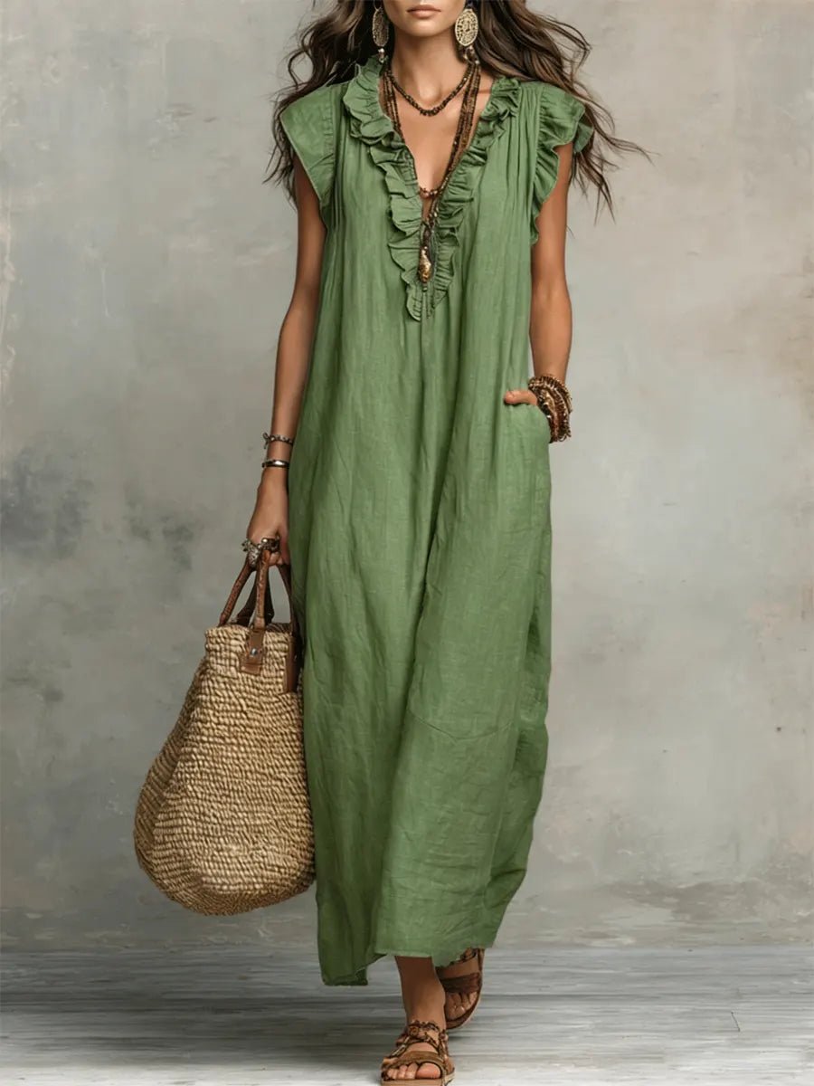 Ruffle V-Neck Linen Maxi Dress