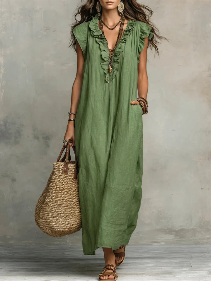 Ruffle V-Neck Linen Maxi Dress