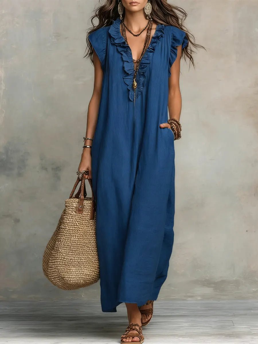 Ruffle V-Neck Linen Maxi Dress