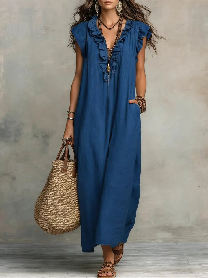 Ruffle V-Neck Linen Maxi Dress