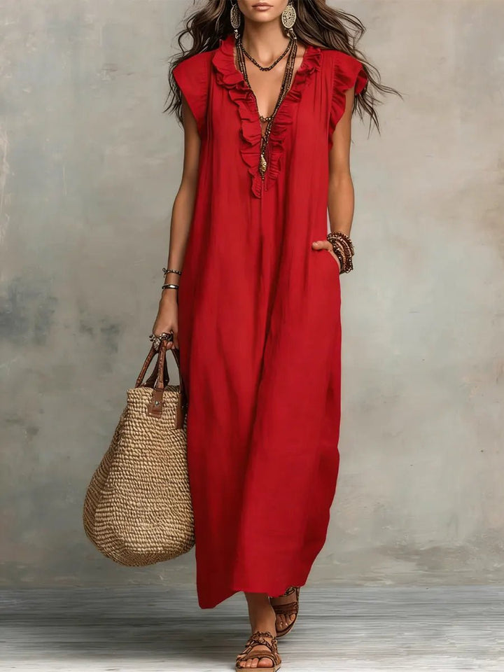 Ruffle V-Neck Linen Maxi Dress