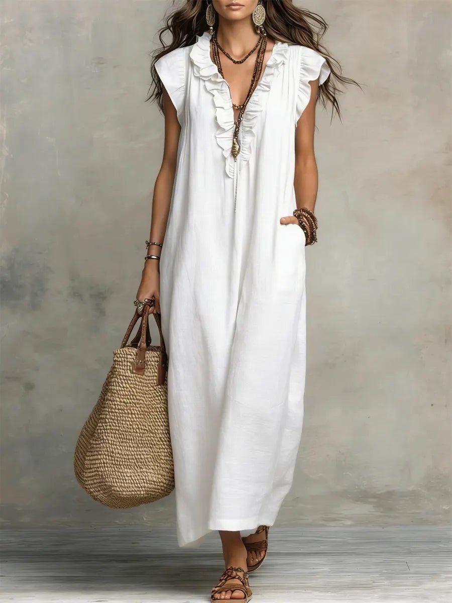 Ruffle V-Neck Linen Maxi Dress