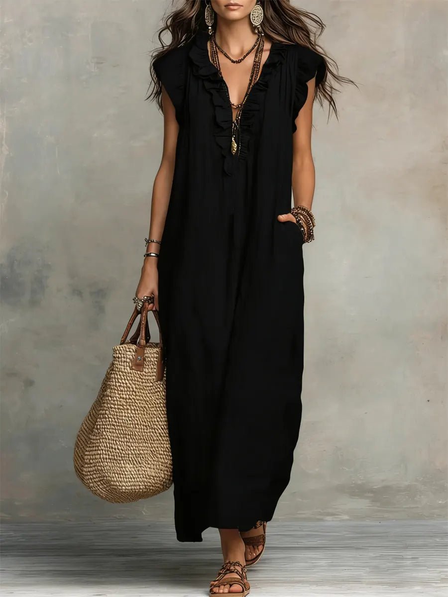 Ruffle V-Neck Linen Maxi Dress