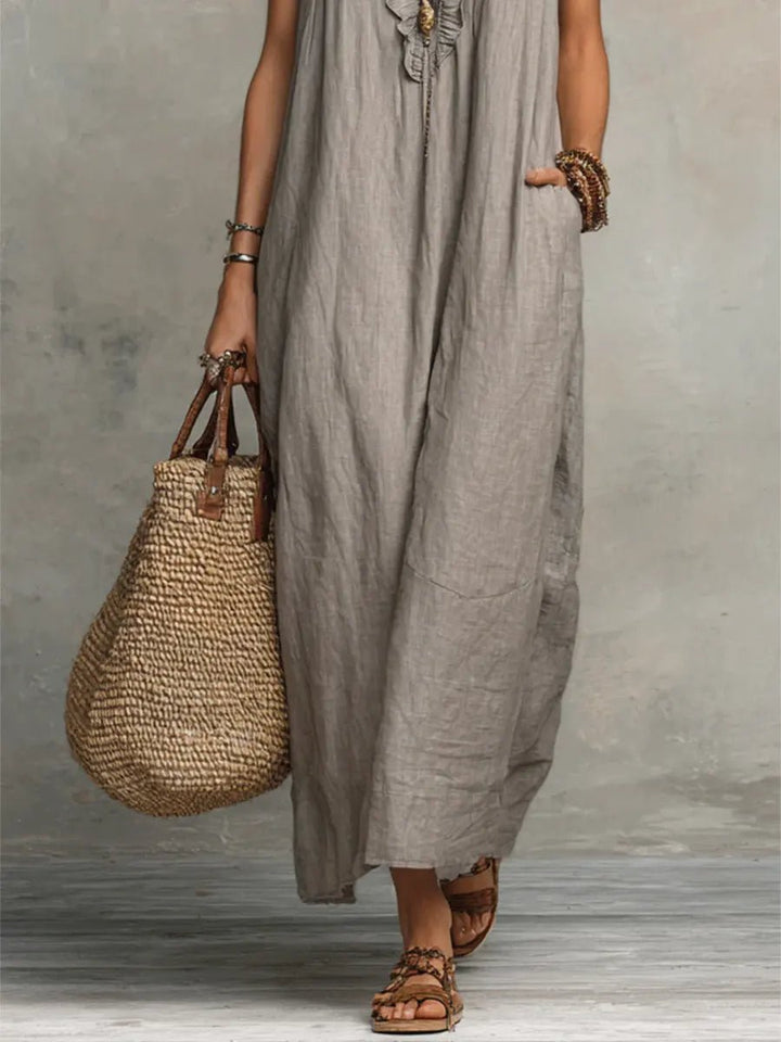 Ruffle V-Neck Linen Maxi Dress