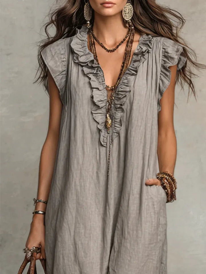 Ruffle V-Neck Linen Maxi Dress