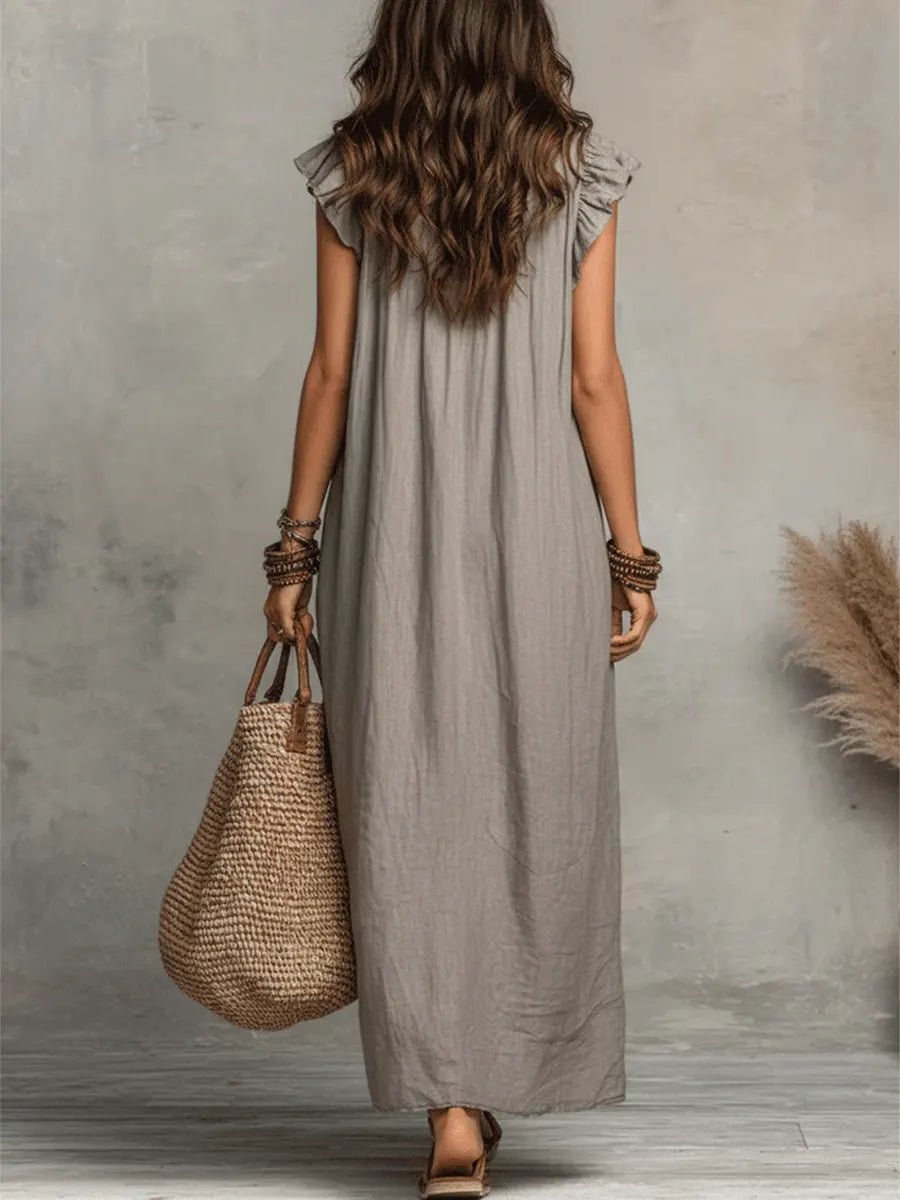 Ruffle V-Neck Linen Maxi Dress