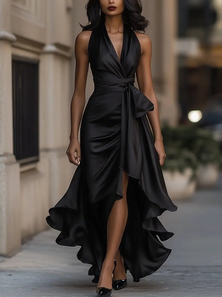 Satin Halter High-Low Cocktail Dress