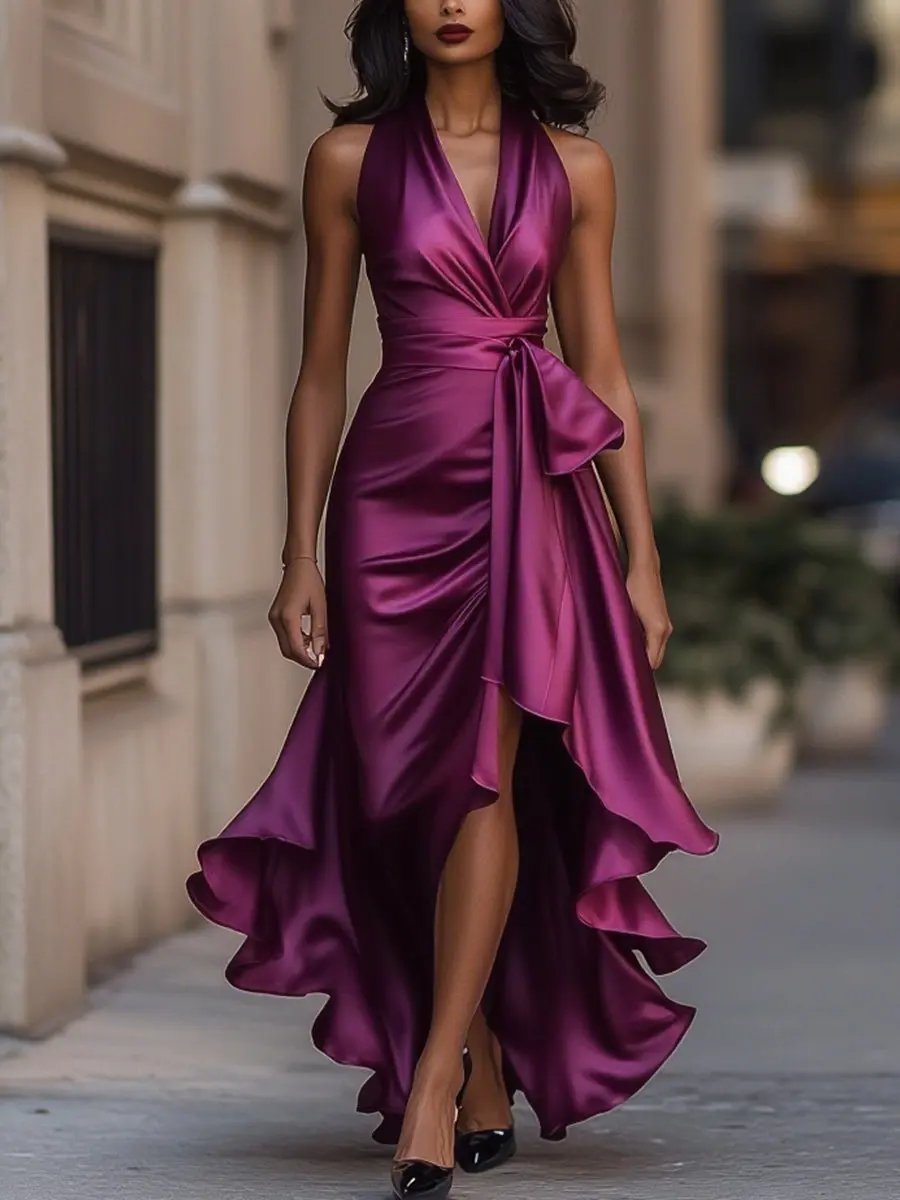 Satin Halter High-Low Cocktail Dress