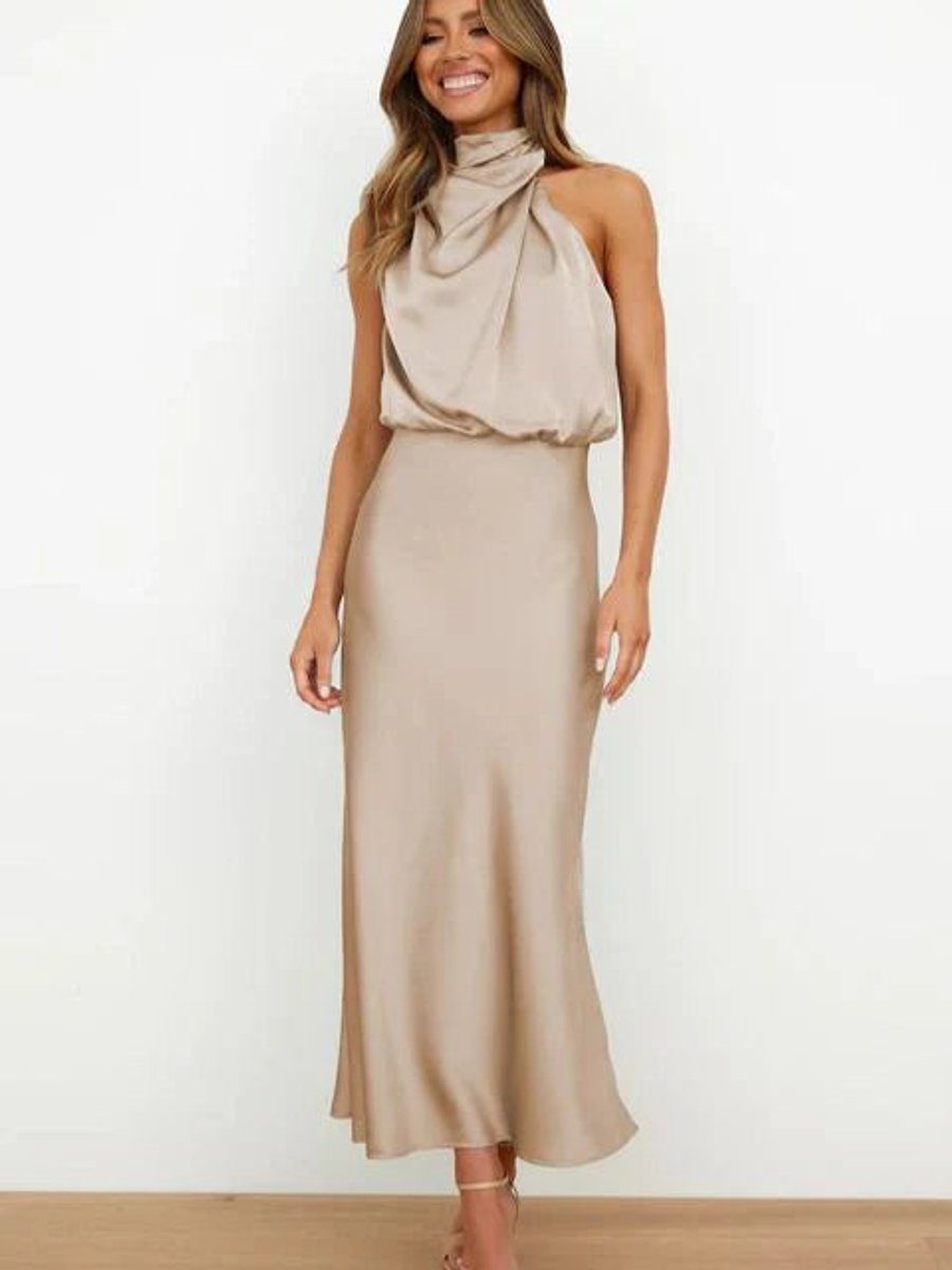 Satin Halter-Neck Midi Cocktail Dress