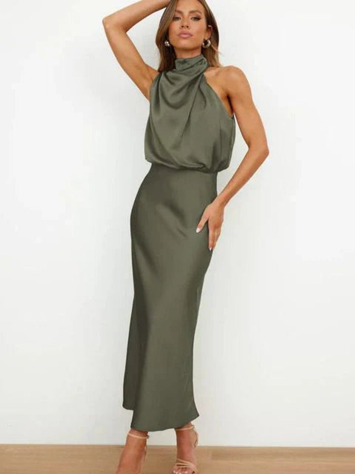 Satin Halter-Neck Midi Cocktail Dress
