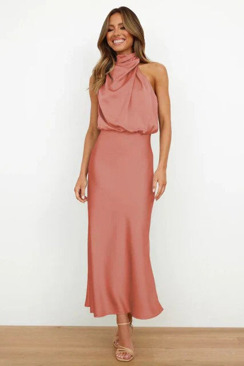 Satin Halter-Neck Midi Cocktail Dress
