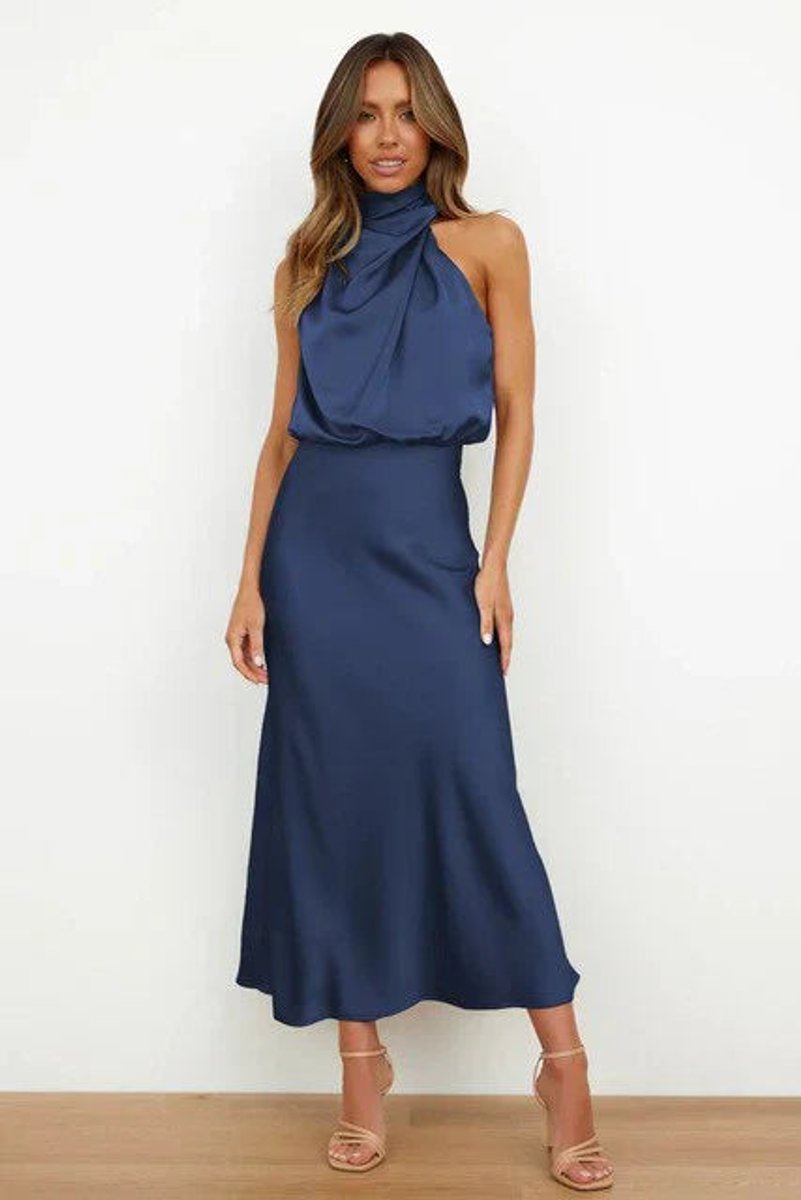 Satin Halter-Neck Midi Cocktail Dress