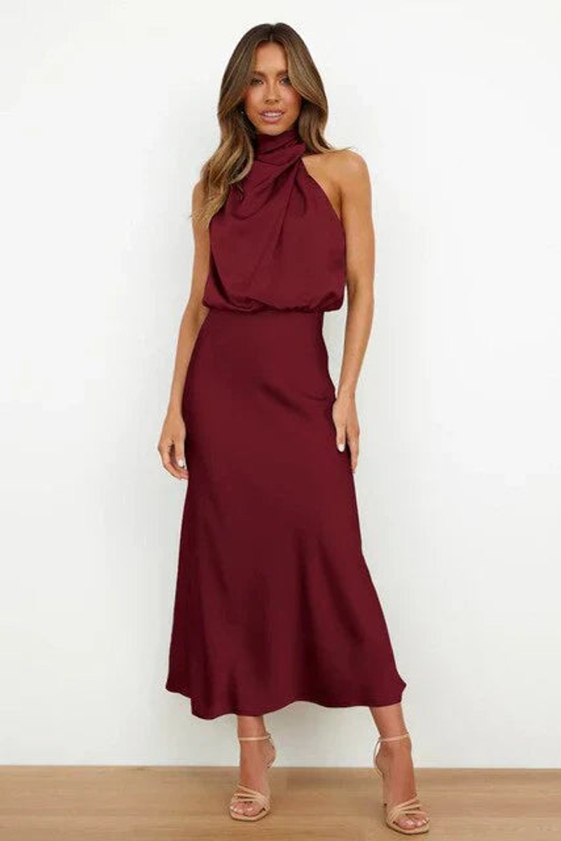 Satin Halter-Neck Midi Cocktail Dress