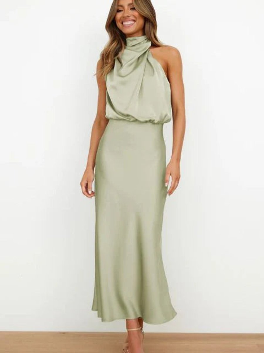Satin Halter-Neck Midi Cocktail Dress