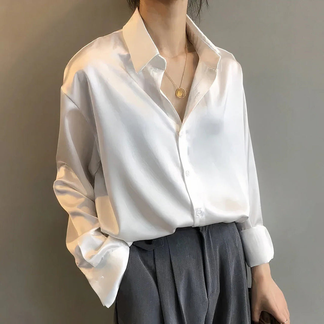 Satin Long-Sleeve Button-Down Blouse