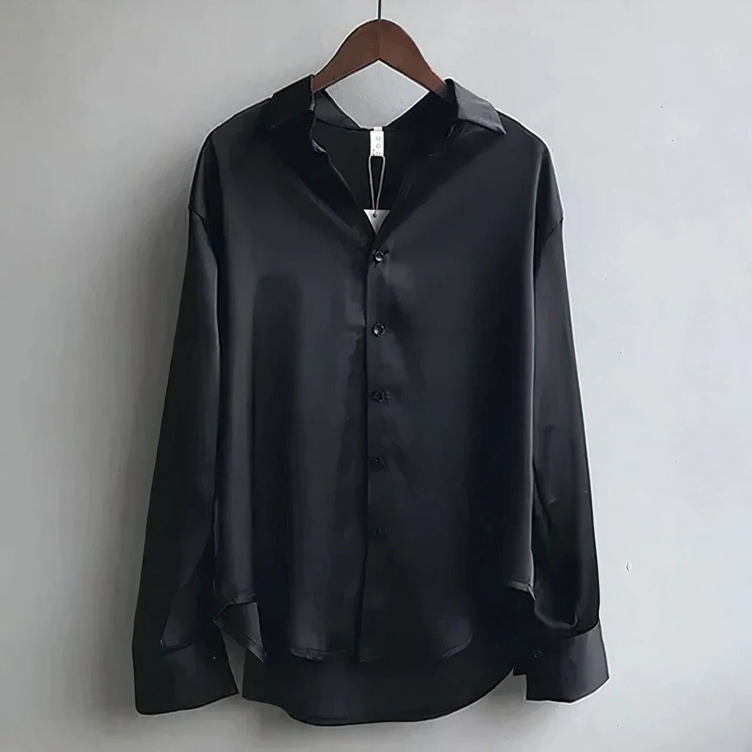 Satin Long-Sleeve Button-Down Blouse