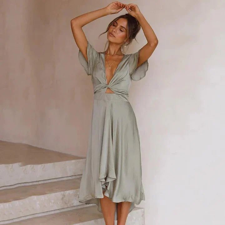 Satin Midi Dress with Flutter Sleeves and Tie-Front