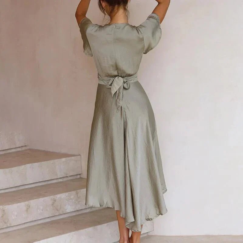Satin Midi Dress with Flutter Sleeves and Tie-Front