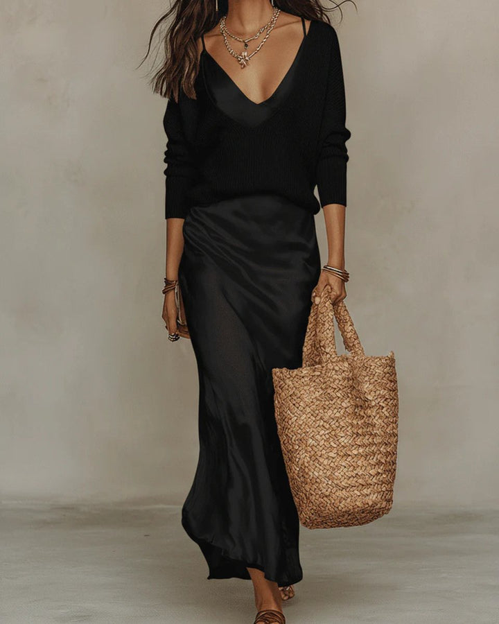 Satin Slip Midi Dress and Knit Jumper Set