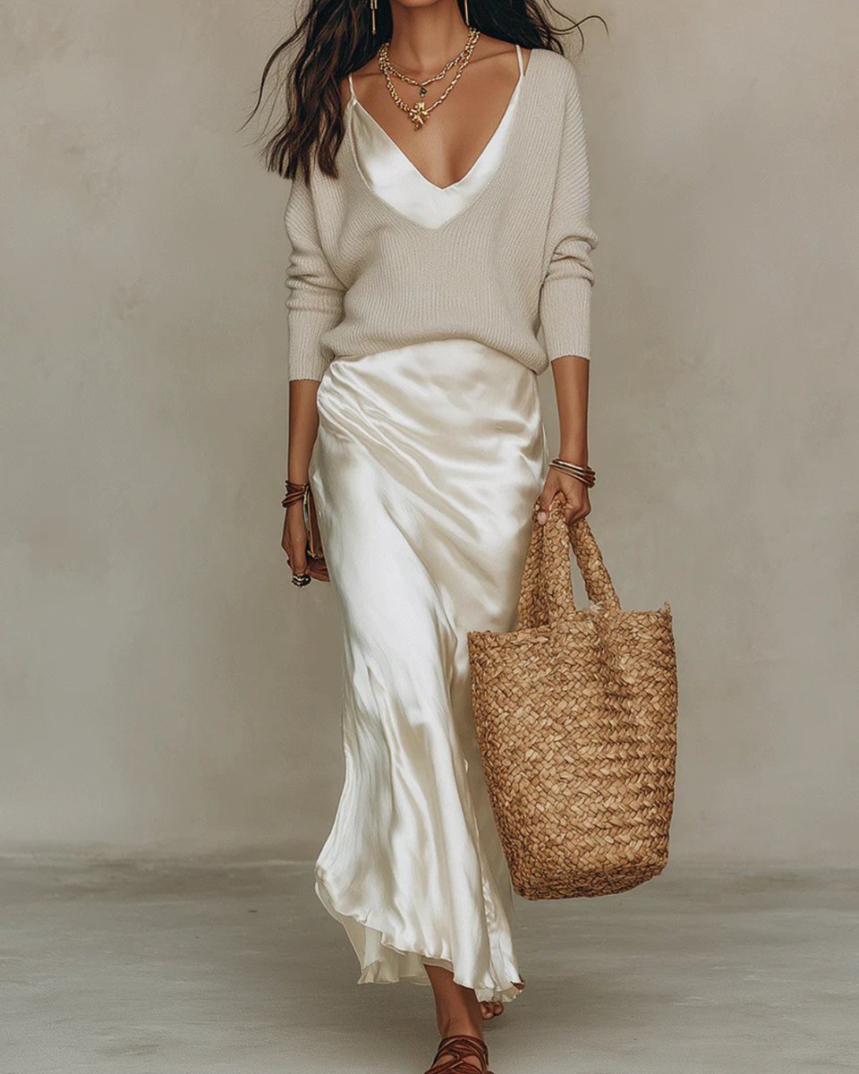 Satin Slip Midi Dress and Knit Jumper Set