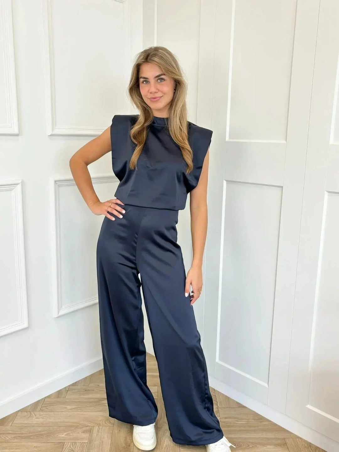 Satin Wide-Leg Mock-Neck Jumpsuit