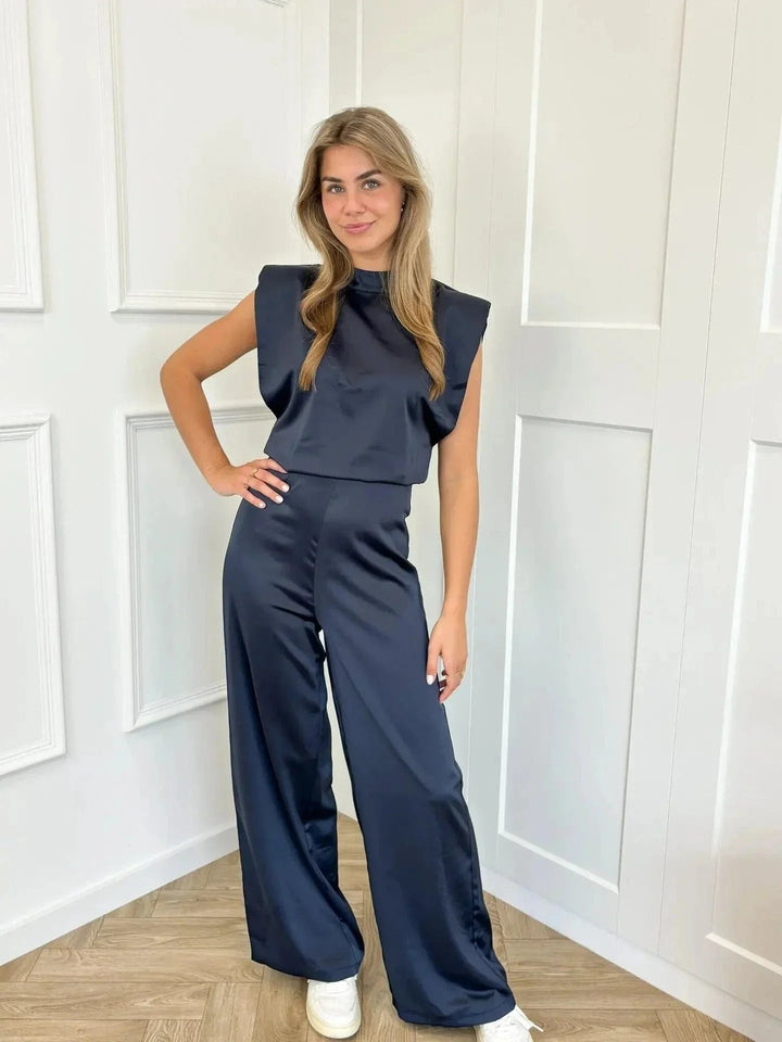 Satin Wide-Leg Mock-Neck Jumpsuit