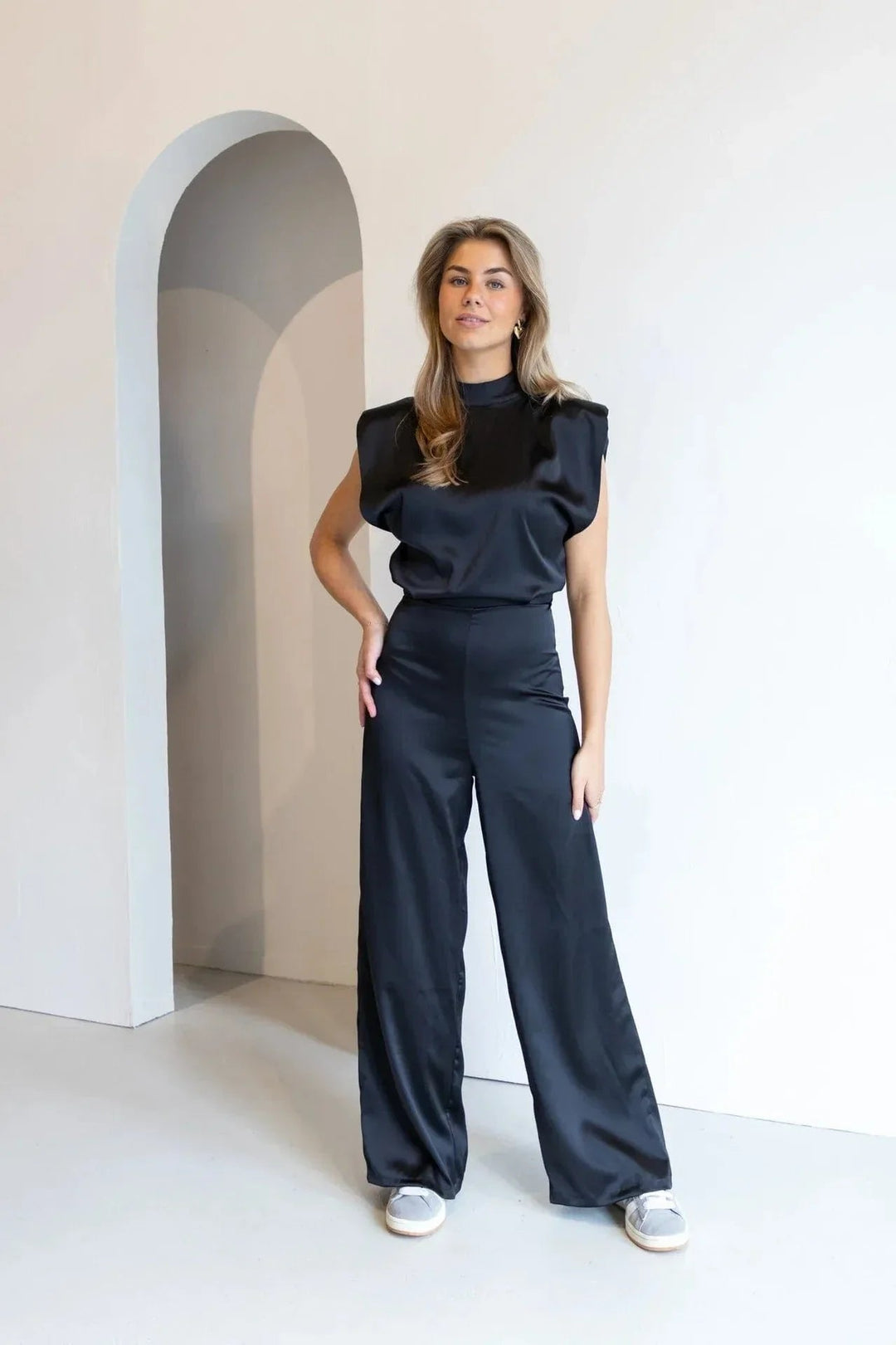 Satin Wide-Leg Mock-Neck Jumpsuit