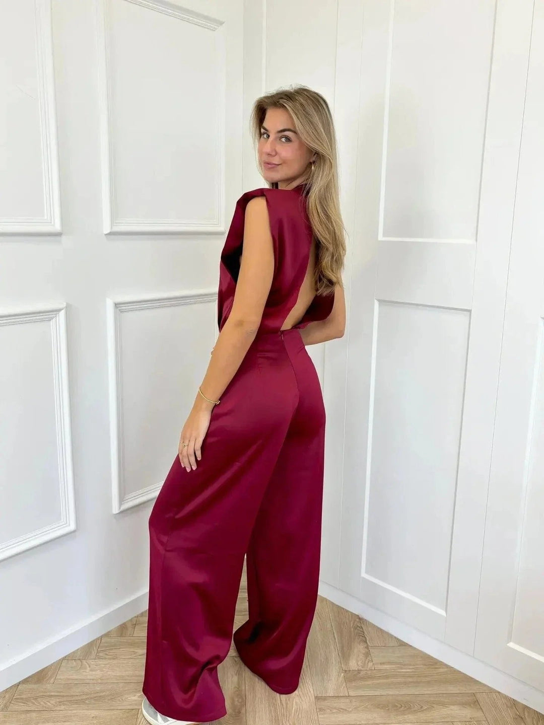 Satin Wide-Leg Mock-Neck Jumpsuit