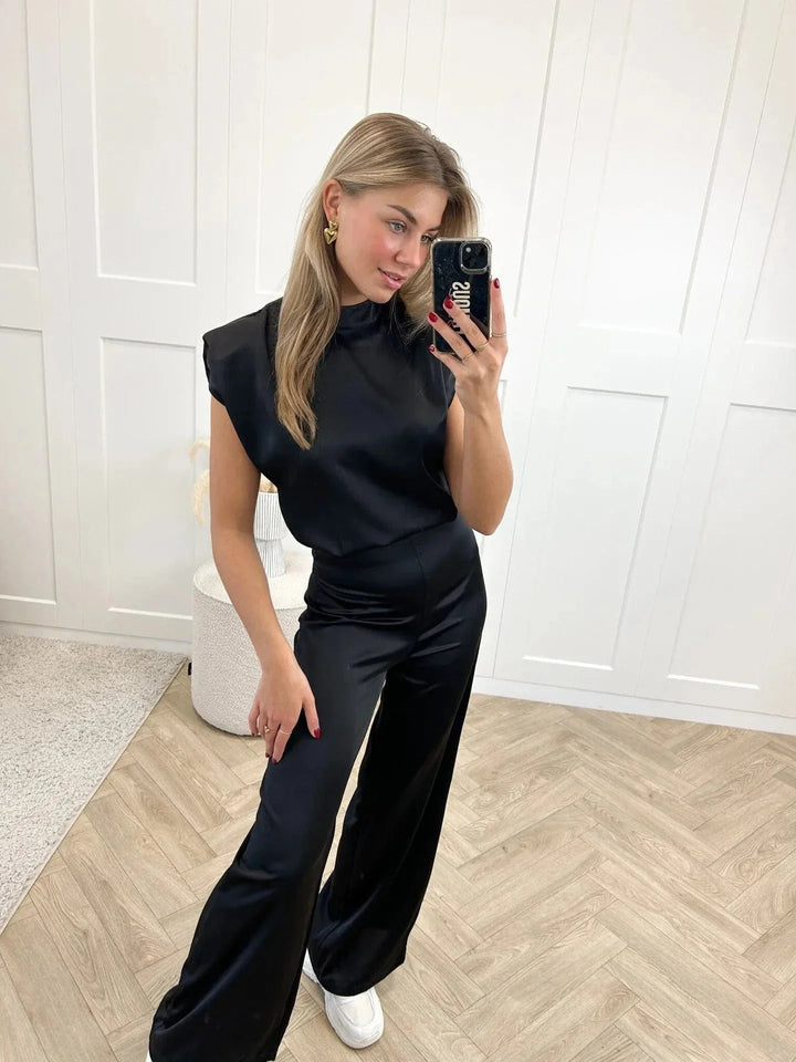 Satin Wide-Leg Mock-Neck Jumpsuit