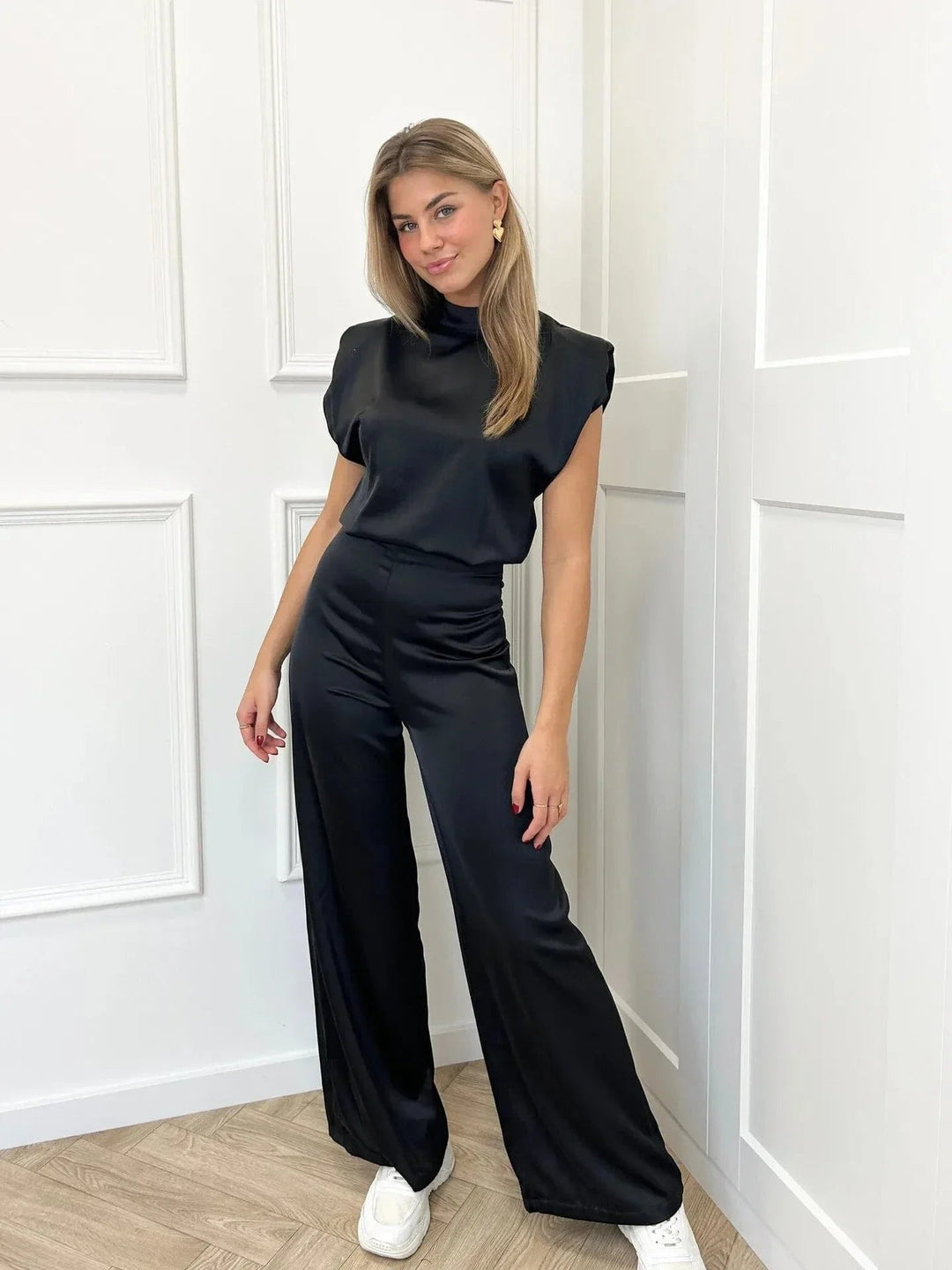 Satin Wide-Leg Mock-Neck Jumpsuit