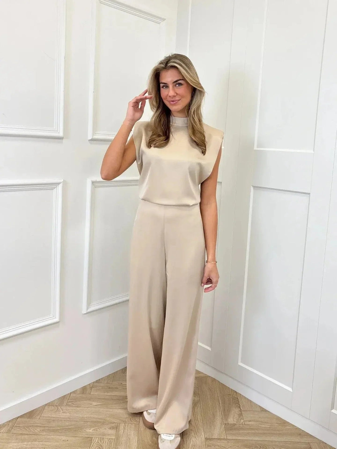 Satin Wide-Leg Mock-Neck Jumpsuit