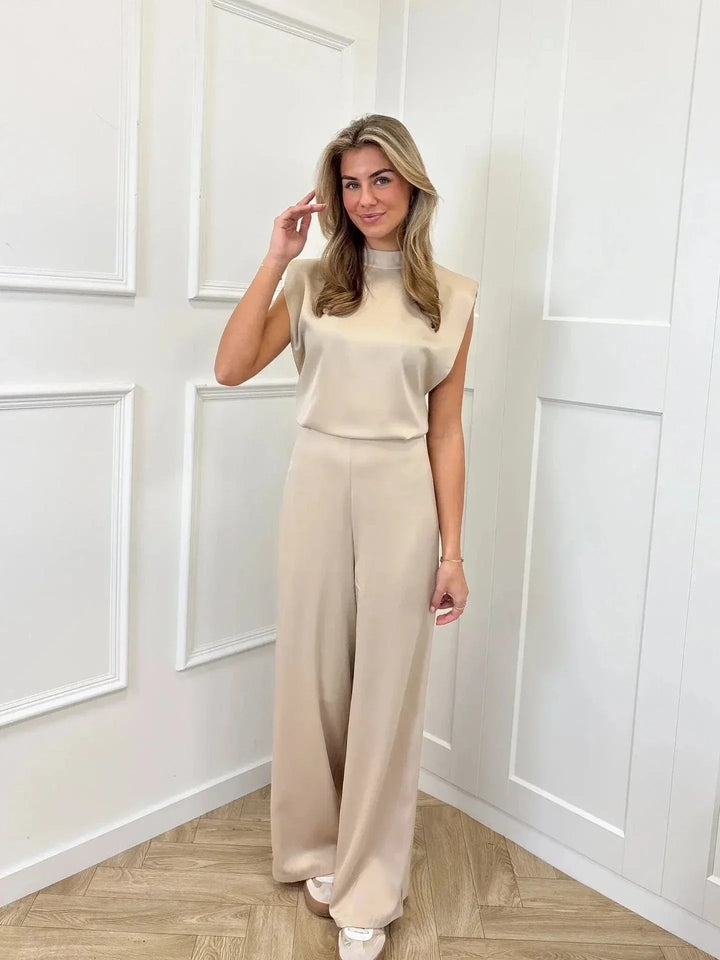 Satin Wide-Leg Mock-Neck Jumpsuit