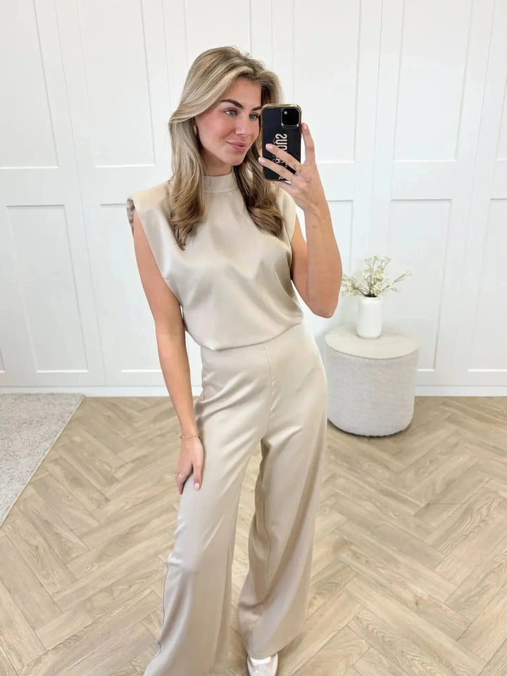 Satin Wide-Leg Mock-Neck Jumpsuit
