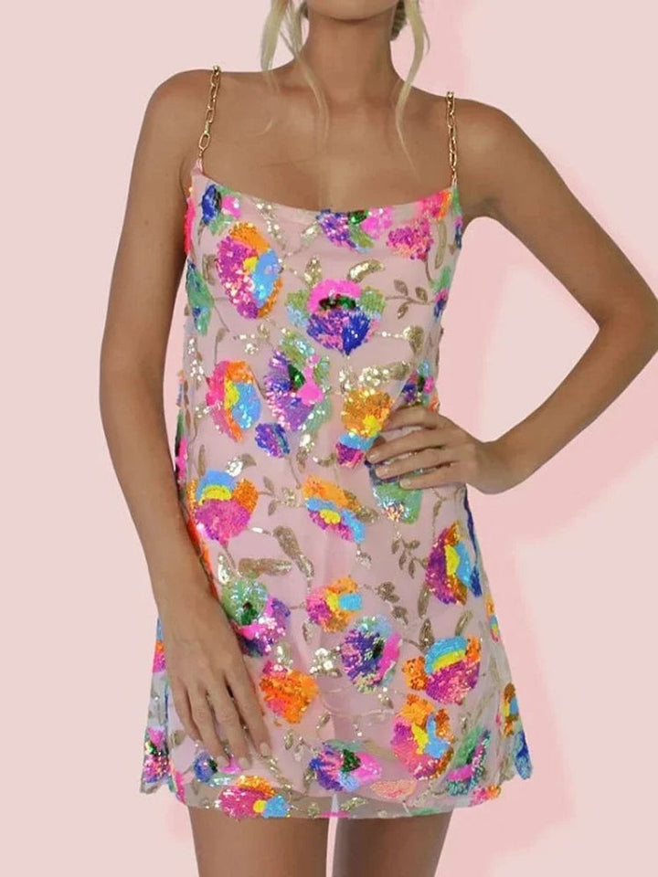 Sequin Floral Slip Mini Dress with Chain Straps