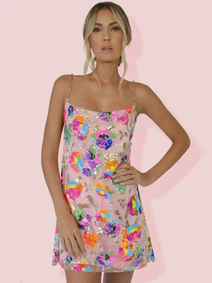 Sequin Floral Slip Mini Dress with Chain Straps